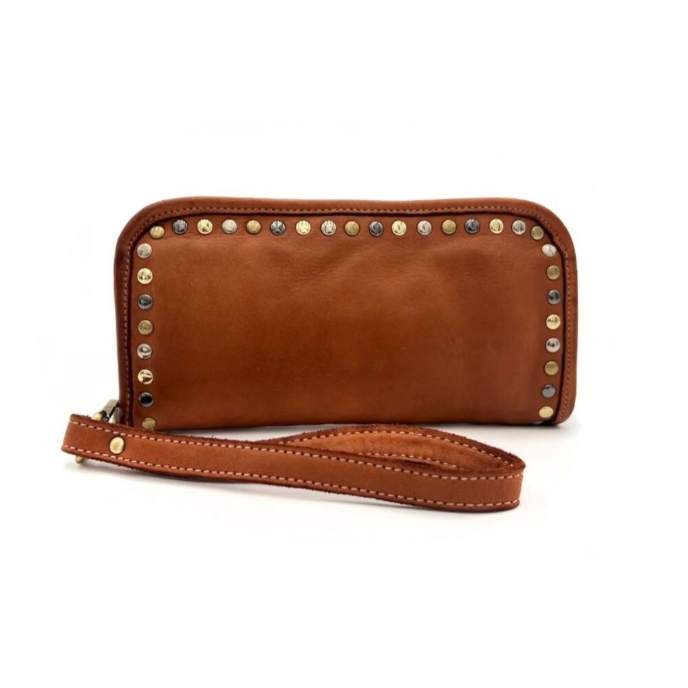 Bolsa Nova Sofia Zip Around Cognac Handwashed Italian Leather Studded Wristlet - Picture 5 of 10